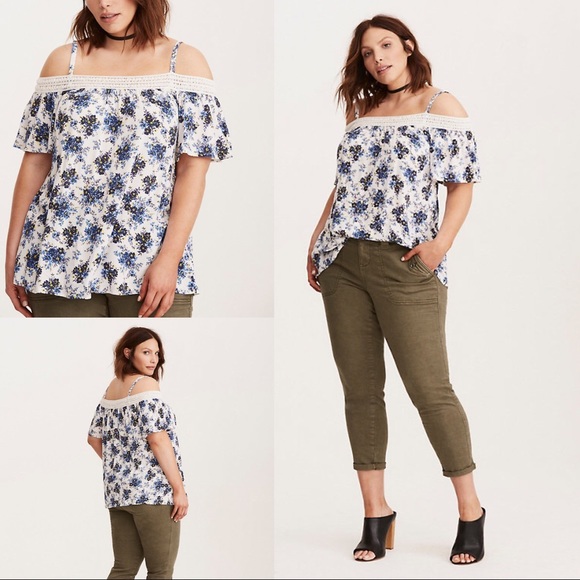 torrid Tops - Torrid Floral Print Crepe Crochet Off Shoulder Top